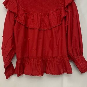 FARM Rio Red Ruffled Heart-Embroidered Blouse